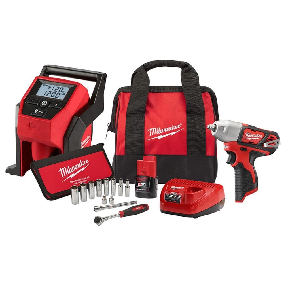 Milwaukee M12 12-Volt Lithium-Ion Cordless 3/8 in. Impact Wrench and Inflator Combo Kit with 3/8 in. Drive Metric Socket Set