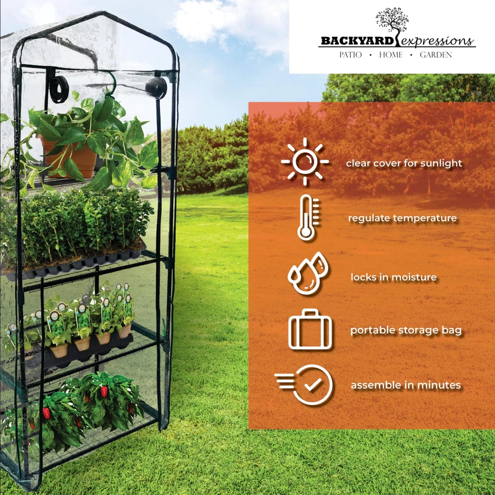 Backyard Expressions Mini Greenhouse 4-Tier Growing Rack with Portable ...