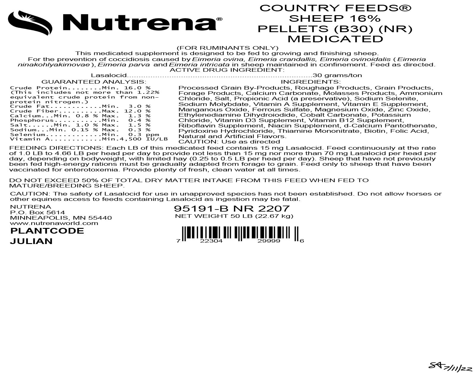 Nutrena Country Feeds 16% Pelleted Sheep Feed with Bovatec, 50 lbs ...