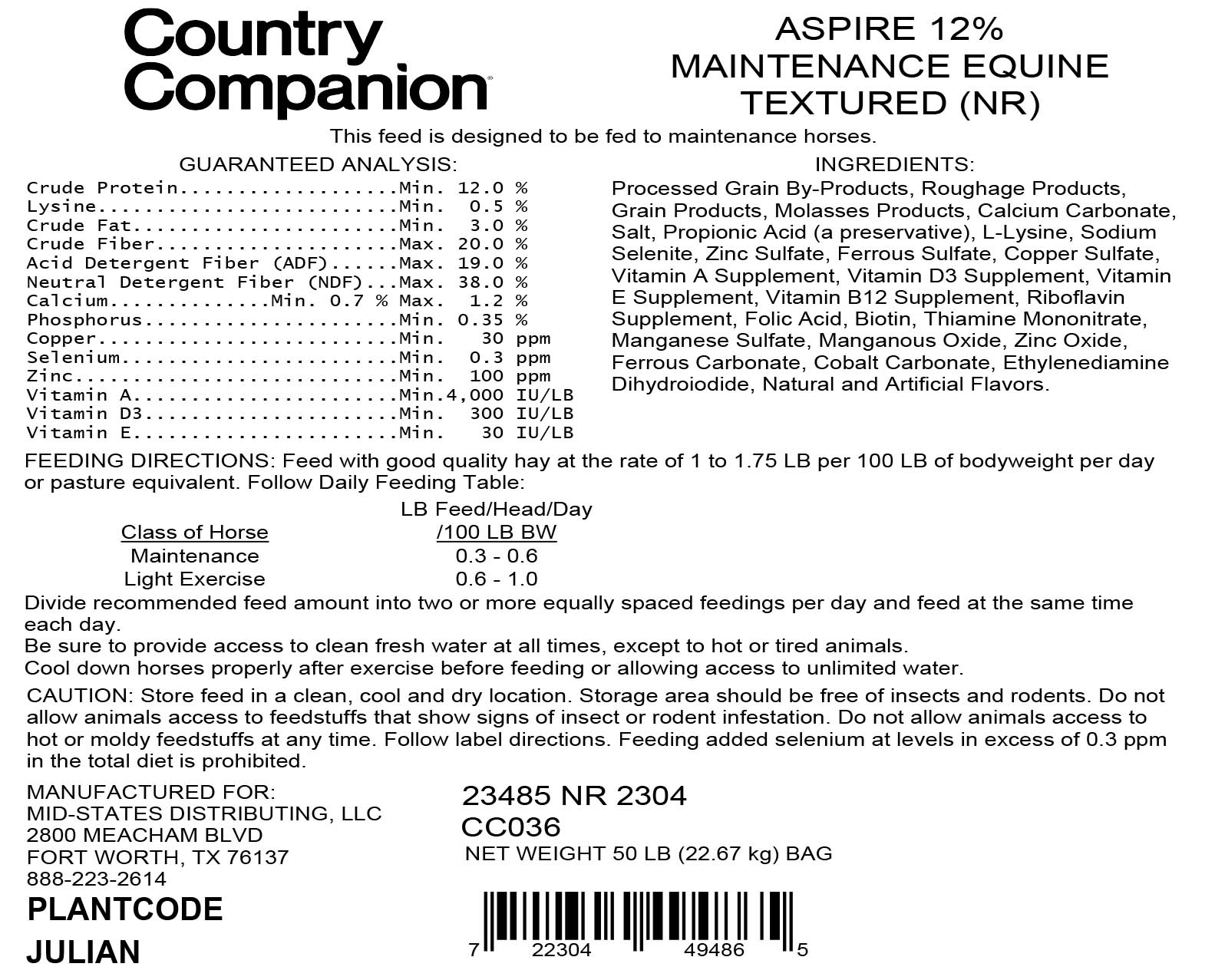 Country Companion ASPIRE 12 Maintenance Equine Formula, 50 lbs. View 1 of 2