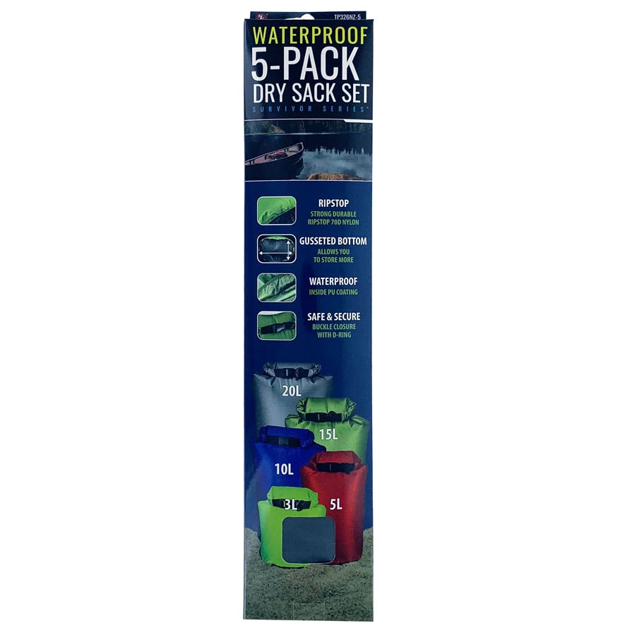 Sona 5-Pack Waterproof Dry Sack Set with Gusseted Bottom