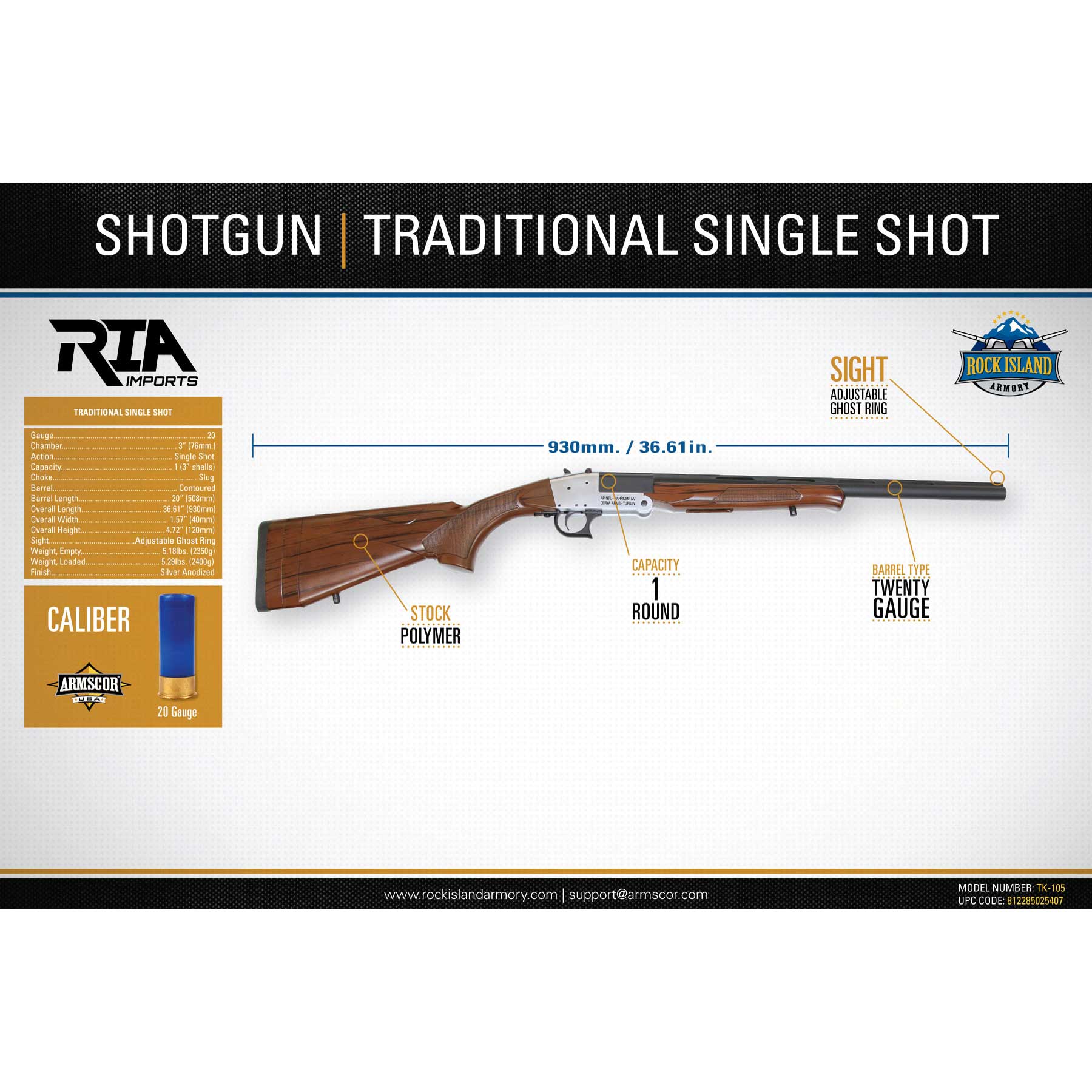 RIA Imports Traditional Single Shot - 20GA, 1rd - 0000008019