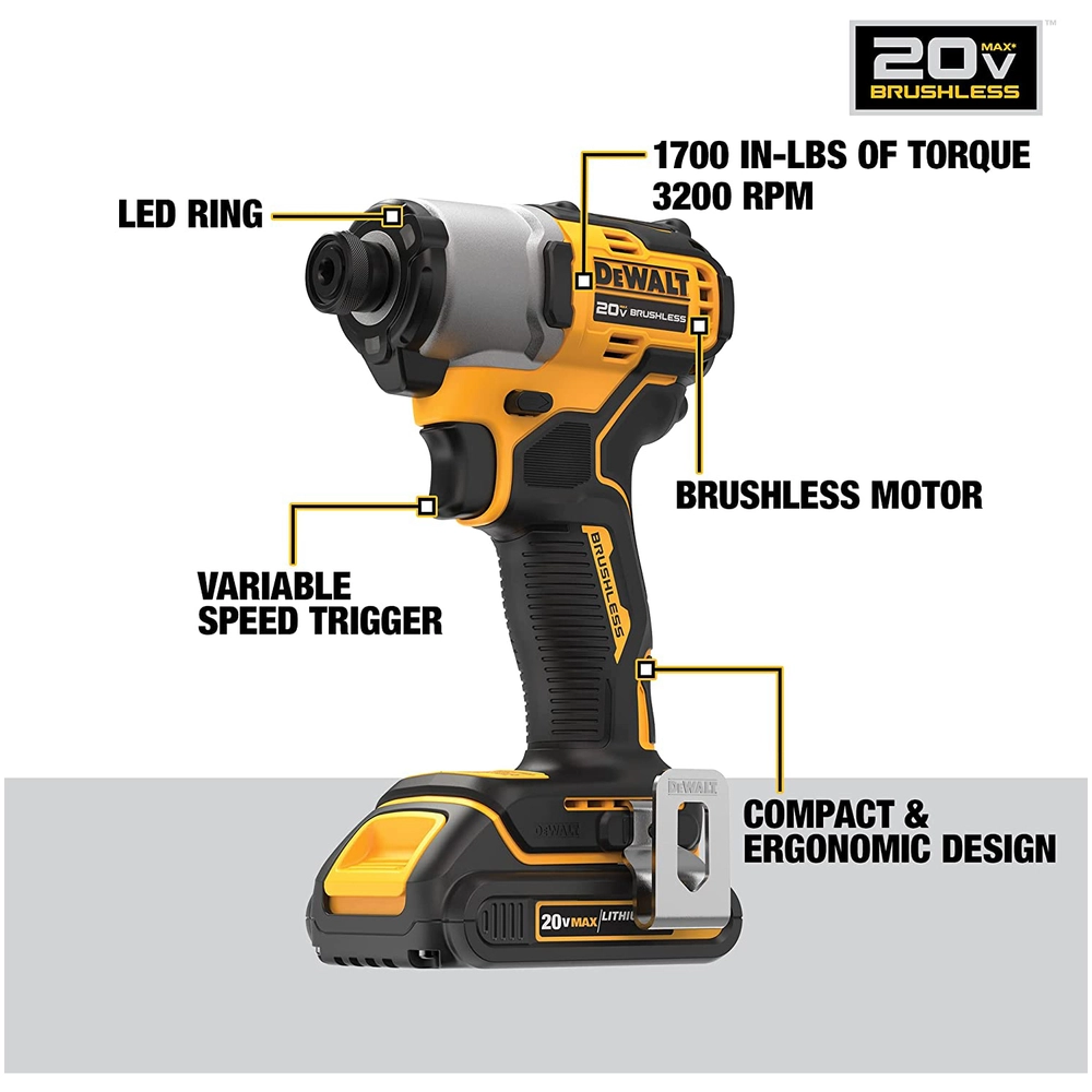 DEWALT 20V MAX* 1/4 in. Brushless Cordless Impact Driver Kit