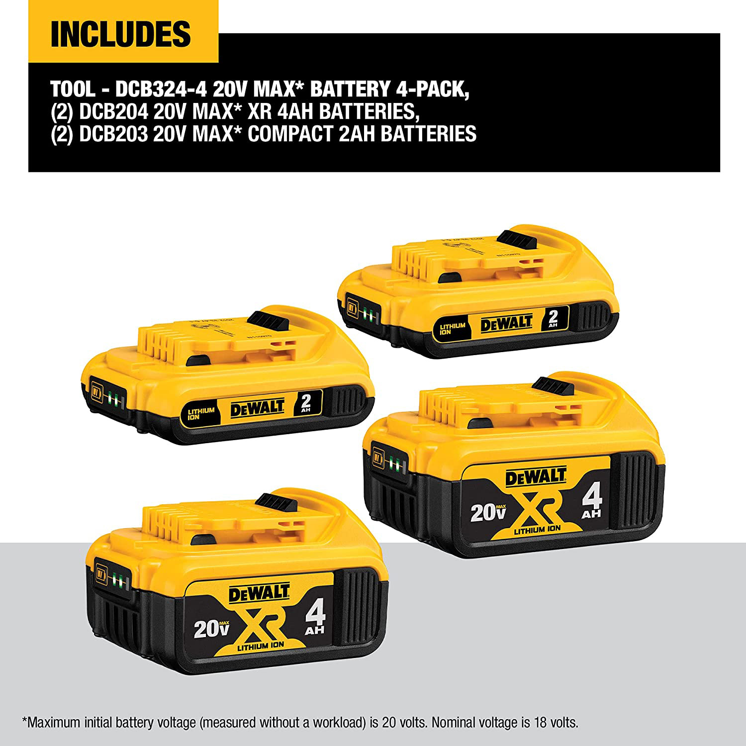 DEWALT 20V MAX* lithium ion battery 4-pack, (2) 2Ah / (2) 4Ah View 1 of 2