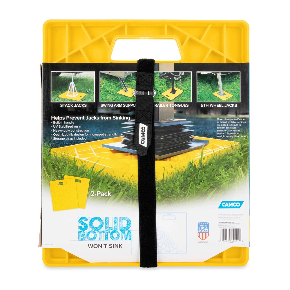 Large Heavy Duty Strongest RV Stabilizing Jack Pads With Rope Handle Helps Prevent Jacks From Sinking 10 375 Inch X 1 Inch Pad 2 Pack Made In Usa From 100 Recycled Plastic