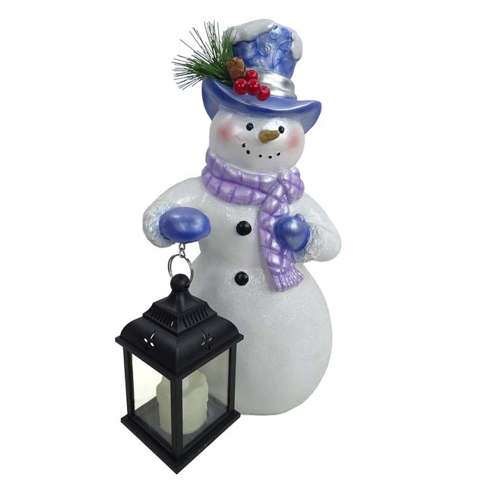 ALPINE® Lavender Winter Snowman Holding Lantern Statue with Flash