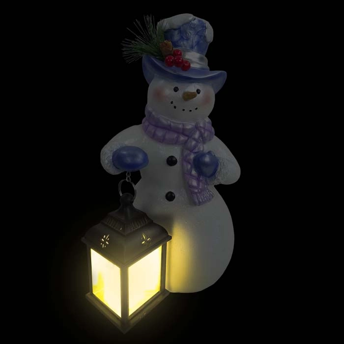 ALPINE® Lavender Winter Snowman Holding Lantern Statue with Flash