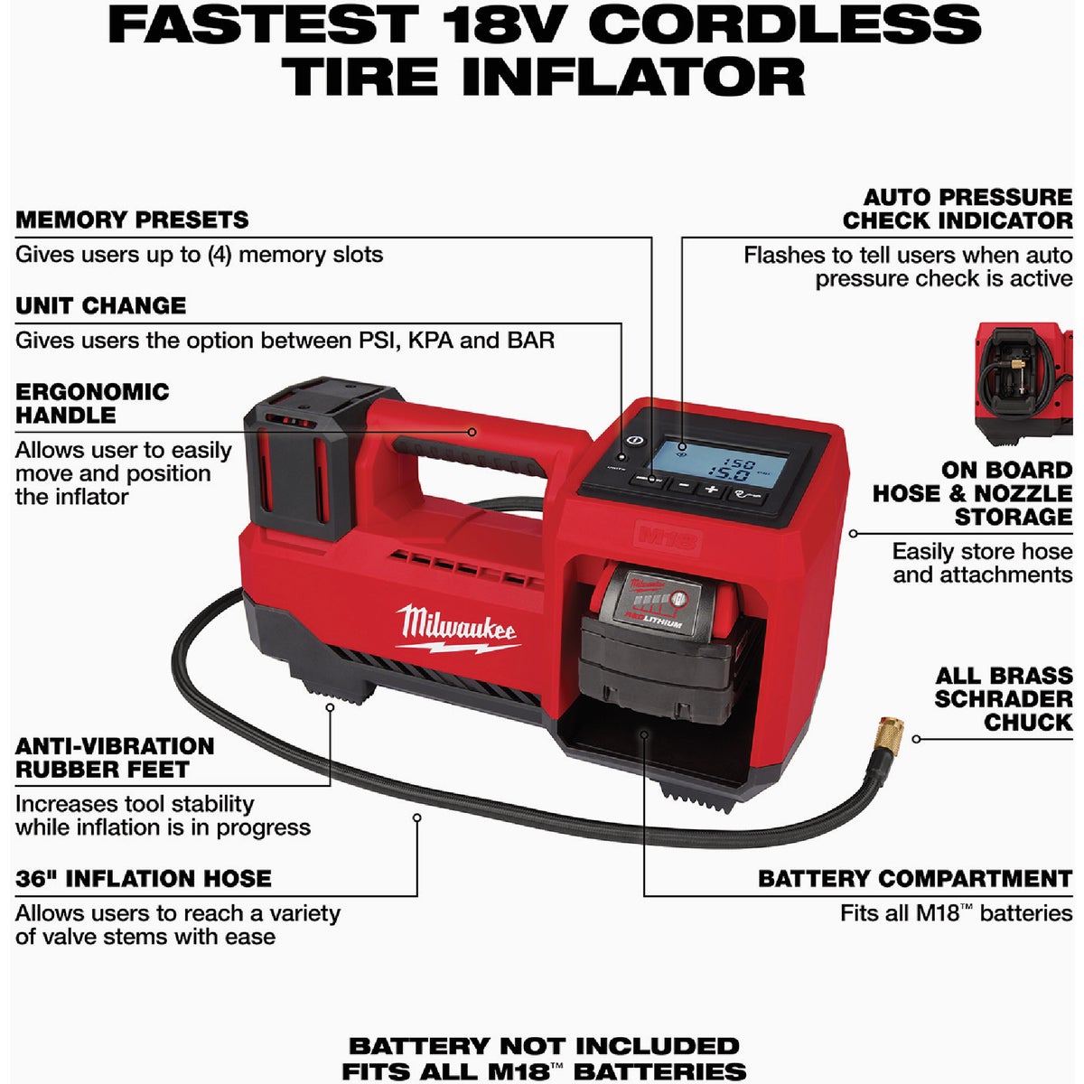 Milwaukee M18 18V Lithium-Ion 150 psi Cordless Inflator (Tool Only) View 2 of 8
