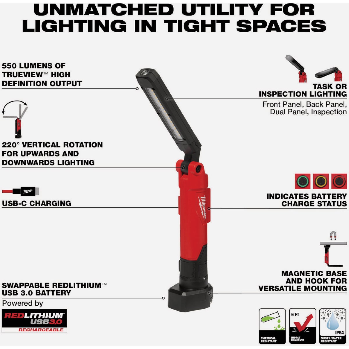 新品 未使用Milwaukee USB充電式スティックライト Milwaukee REDLITHIUM 550 Lm. LED USB Stick Light with Magnet