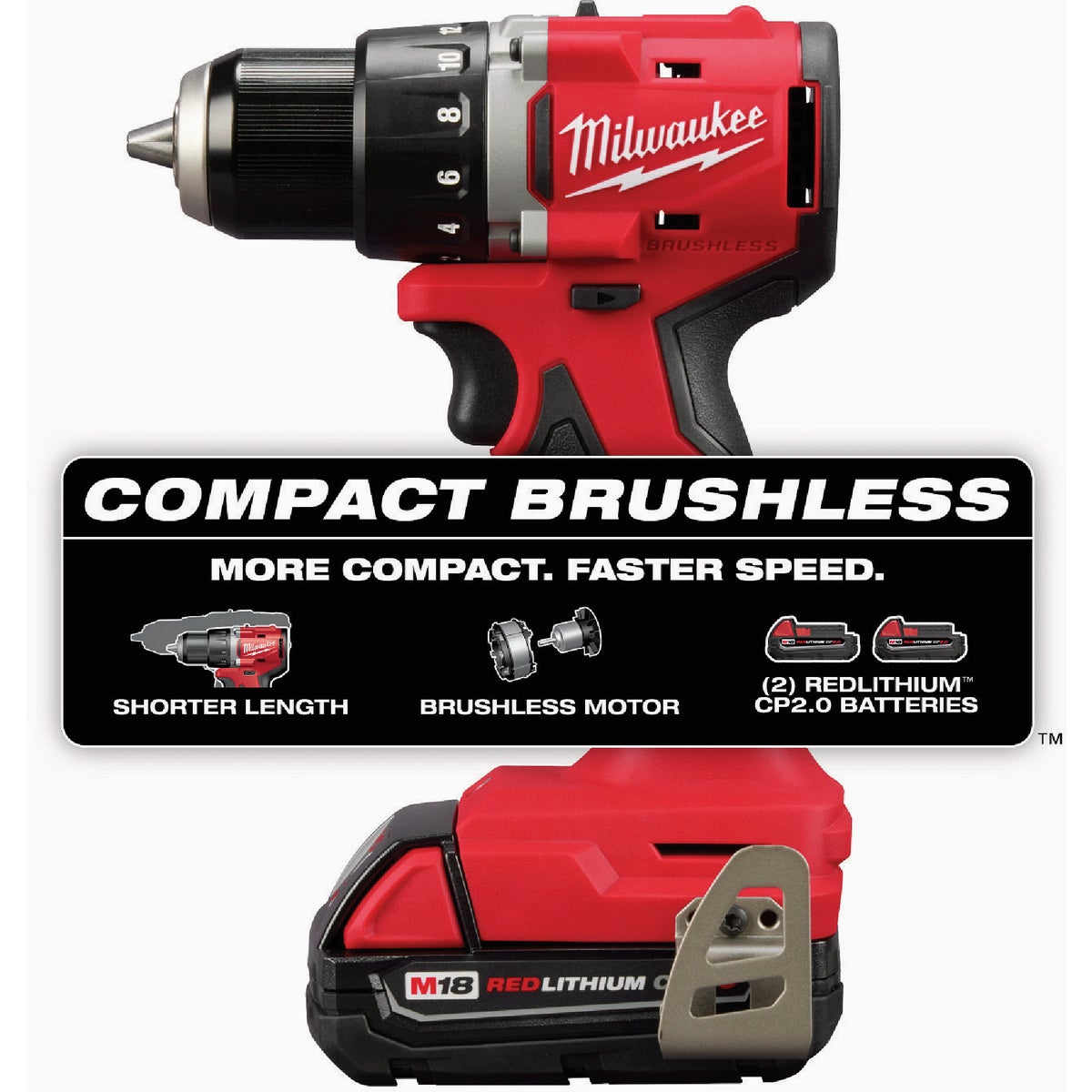 Milwaukee M18 1/2 In. Brushless Cordless Compact Drill/Driver Kit with CP2.0 Battery & Charger View 1 of 6