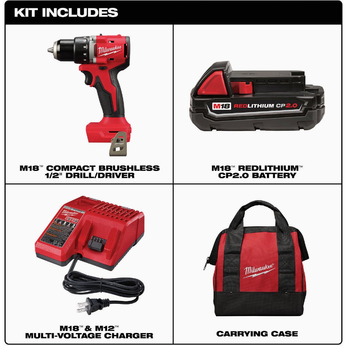 Milwaukee M18 1/2 In. Brushless Cordless Compact Drill/Driver Kit with CP2.0 Battery & Charger View 2 of 6
