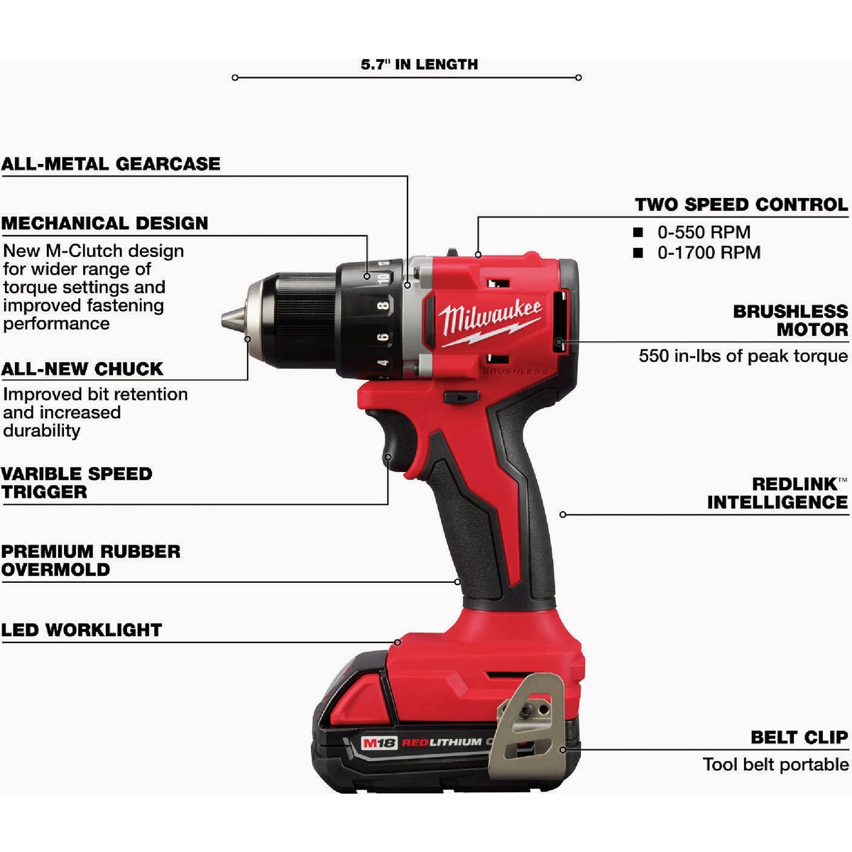 Milwaukee M18 1/2 In. Brushless Cordless Compact Drill/Driver Kit with CP2.0 Battery & Charger View 3 of 6