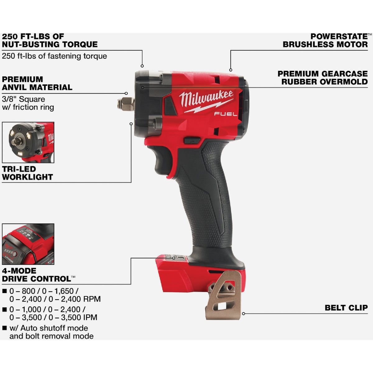 Milwaukee M18 FUEL Brushless 3/8 In. Compact Cordless Impact Wrench with Friction Ring (Tool Only) View 2 of 9