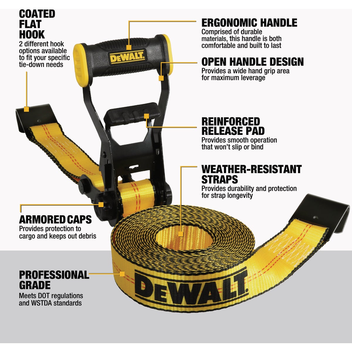 DEWALT 2 In. x 27 Ft. 3333 Lb. Industrial-Duty Ratchet Strap with Flat Hooks View 3 of 7