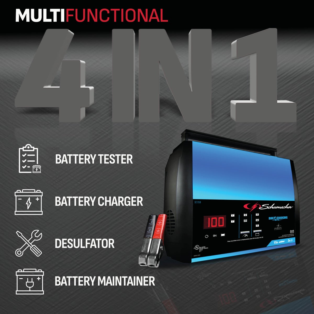  Schumacher Fully Automatic 6V and 12V 15A Auto Battery Charger View 2 of 6