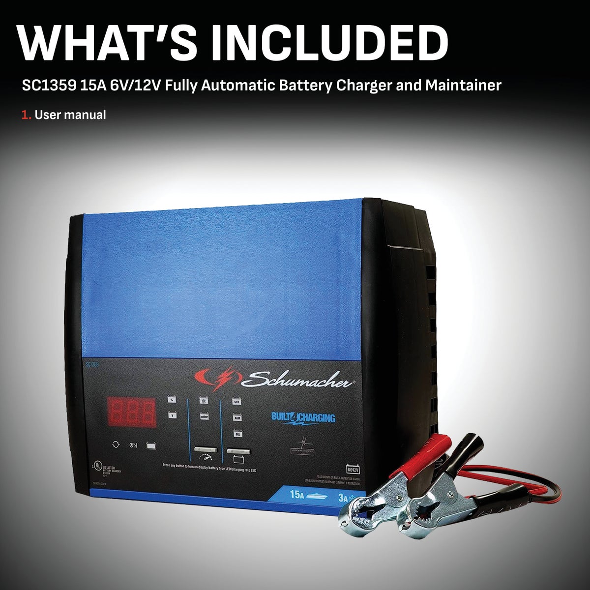  Schumacher Fully Automatic 6V and 12V 15A Auto Battery Charger View 3 of 6