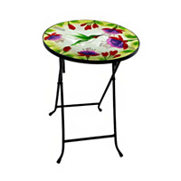 ALPINE® Folding Glass Round Table with Flowers and Hummingbirds, 14"