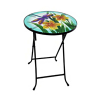 ALPINE® Folding Glass Round Table with Flowers & Dragonfly, 14"