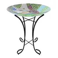 ALPINE® Birds Mosaic Glass Birdbath with Metal Stand, 18"