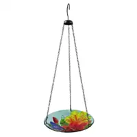 ALPINE® Glass Hanging Bird Feeder with Red Flowers and Butterfly, 10"
