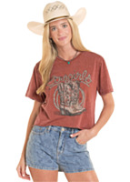 ROCK&ROLL DENIM Women's Cropped Cowgirls Graphic Tee Shirt with Mineral Wash